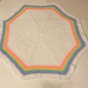 Handmade Crocheted Octagon Baby Afghan White w/ Rainbow Border